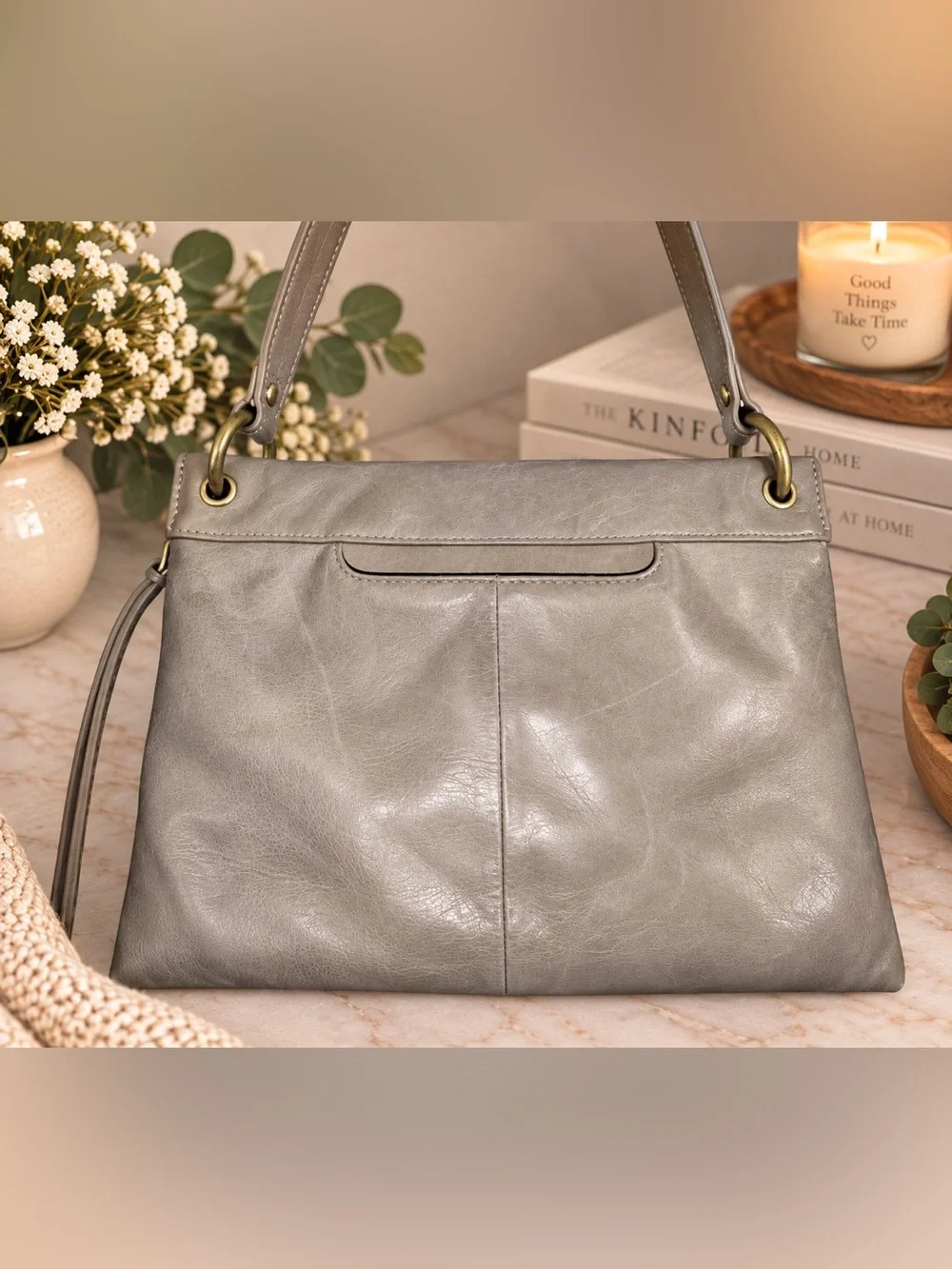 HOBO International Gray Taupe Leather Studded Shoulder Bag